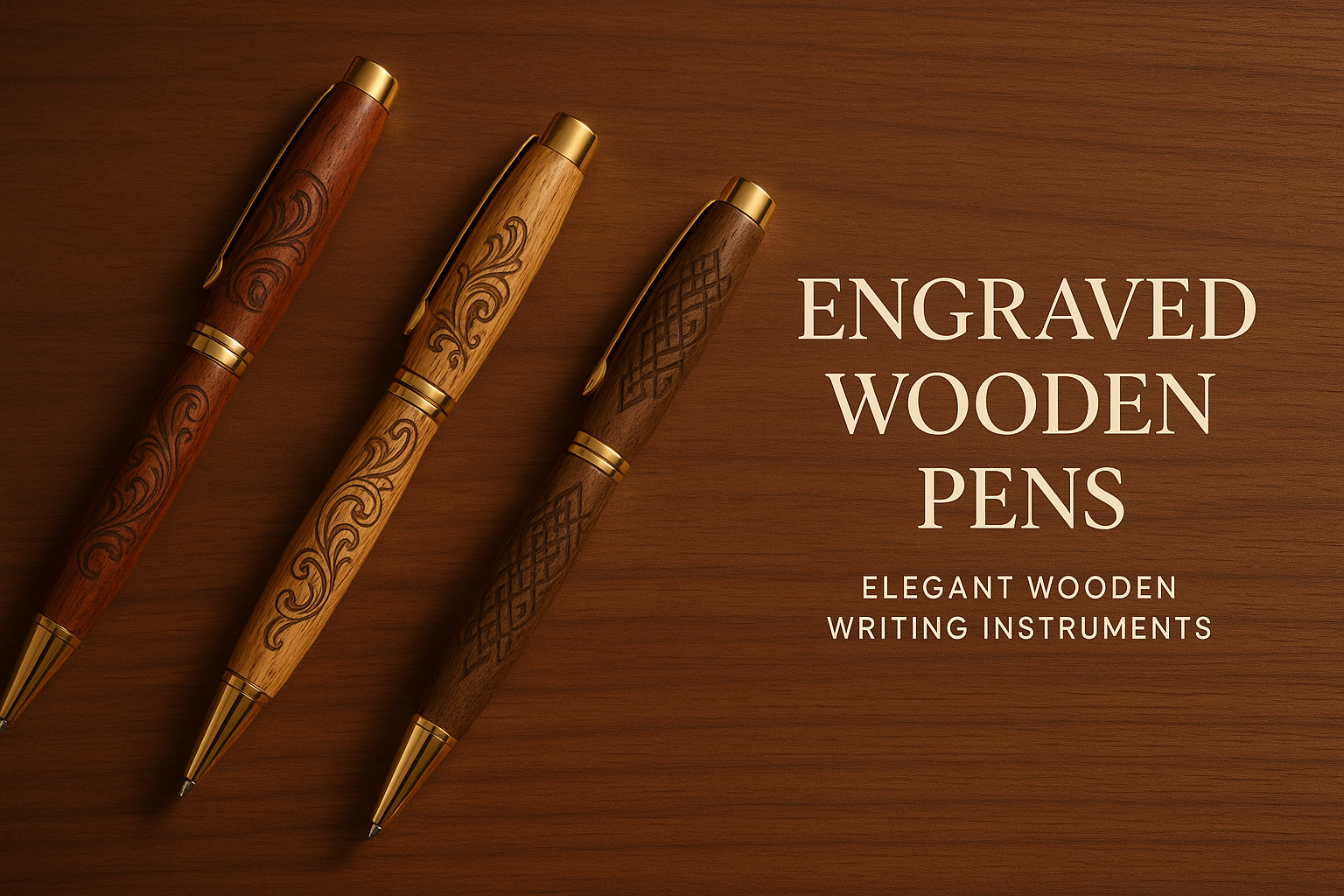 Create a banner for my website on the topic of Engraved Wooden Pen.