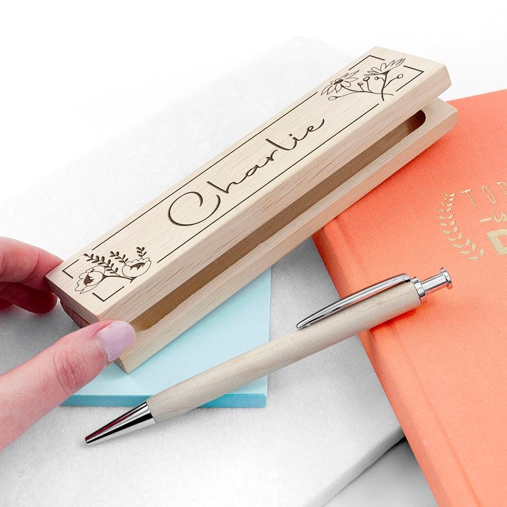Personalised Wooden Floral Ballpoint Pen Set