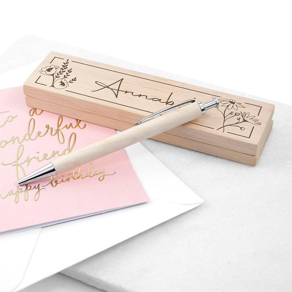 Personalised Wooden Floral Ballpoint Pen Set